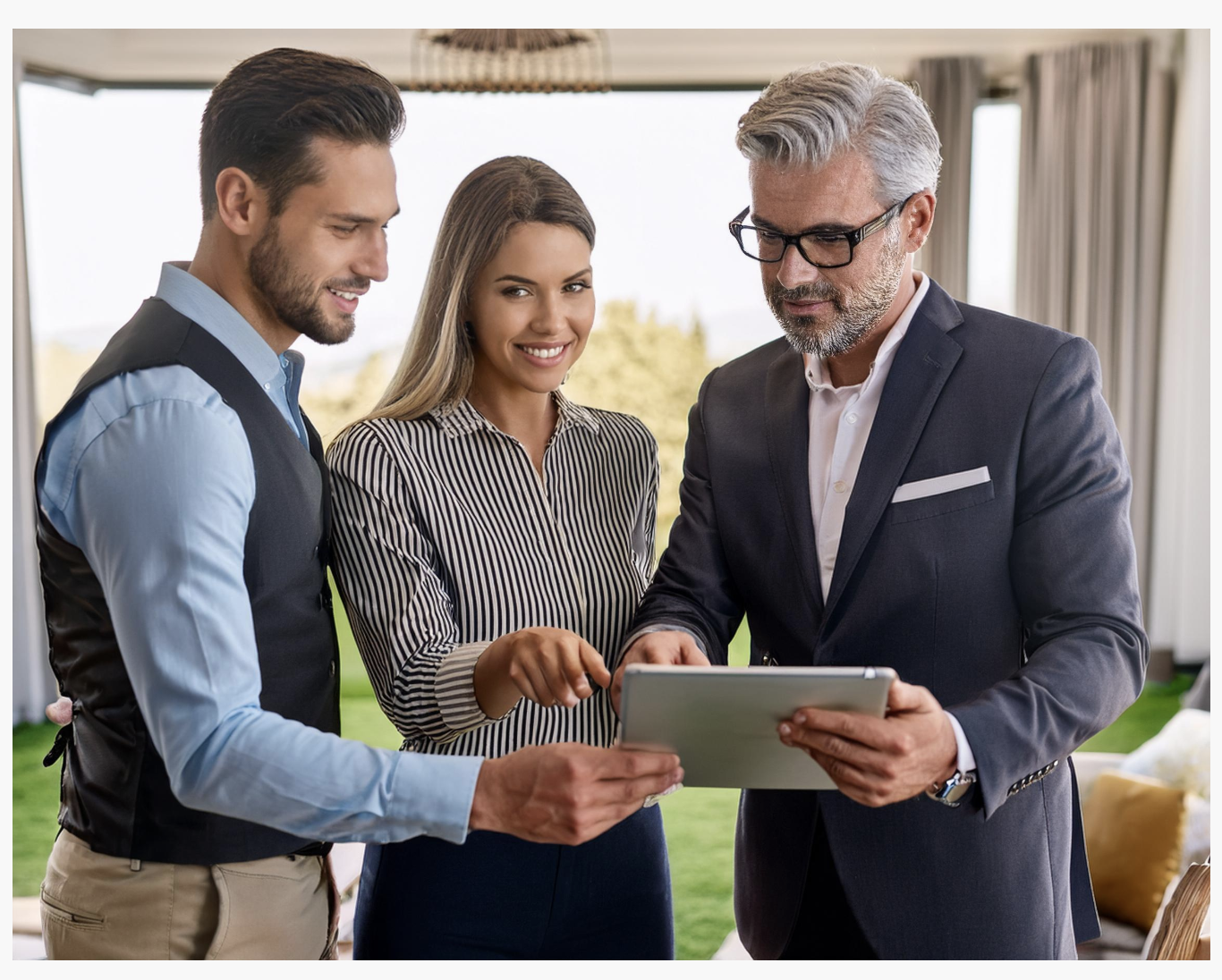 Homebuyers discussing membership and properties